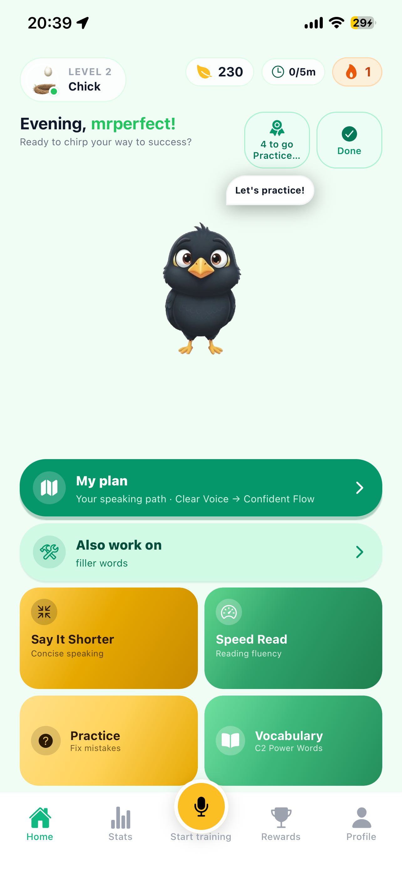 My Mynah home screen with personalized plan and practice modes
