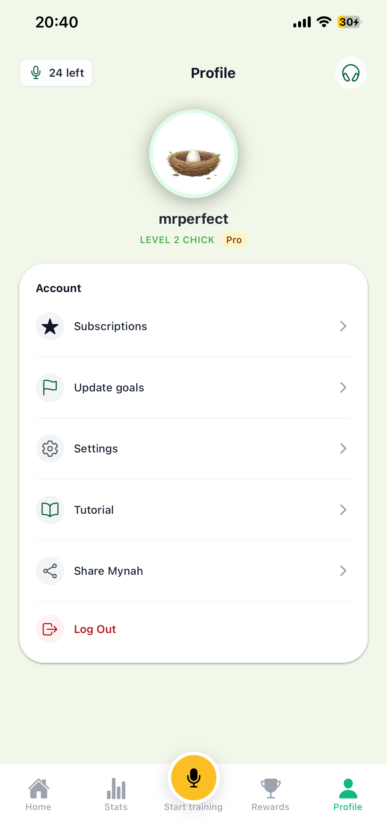 Profile screen with level and account settings