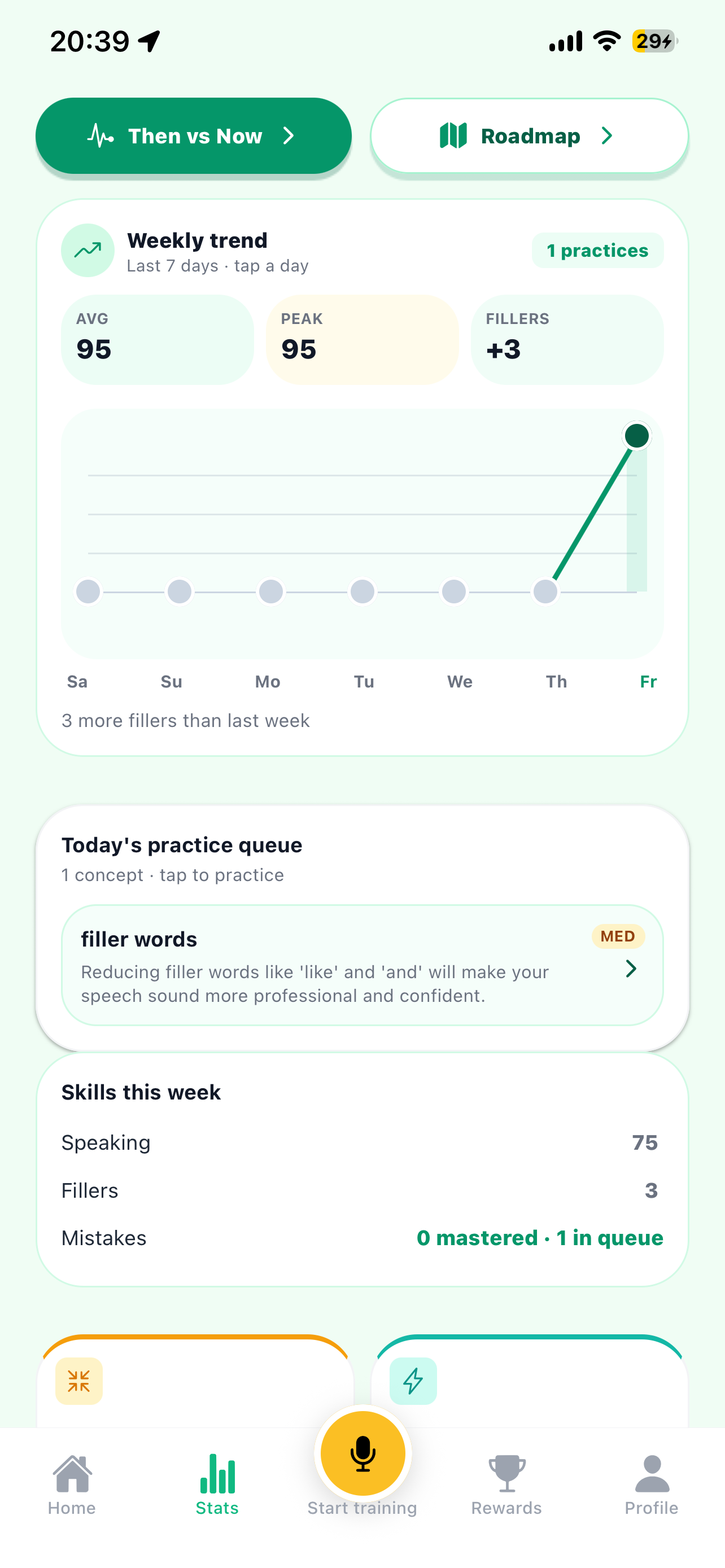 Stats dashboard with weekly trend and filler practice