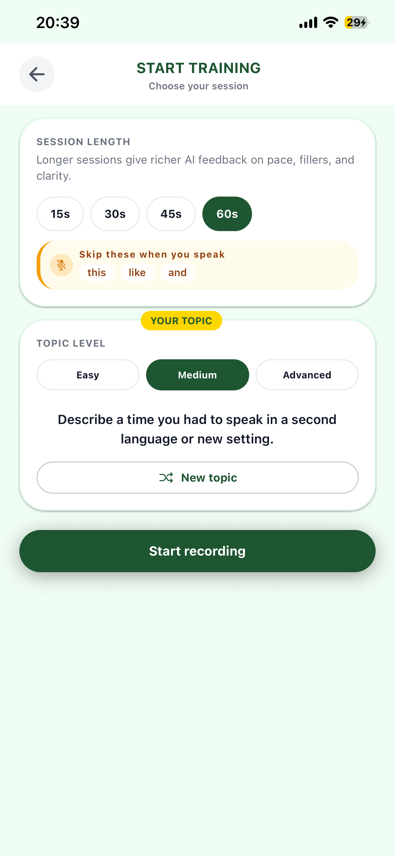 Start training screen with topic and filler word goals